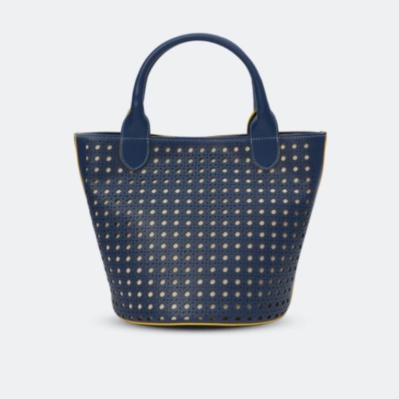 JW PEI Handbags - Jeff Wan Blue Hillside Bucket Tote with Yellow Piping